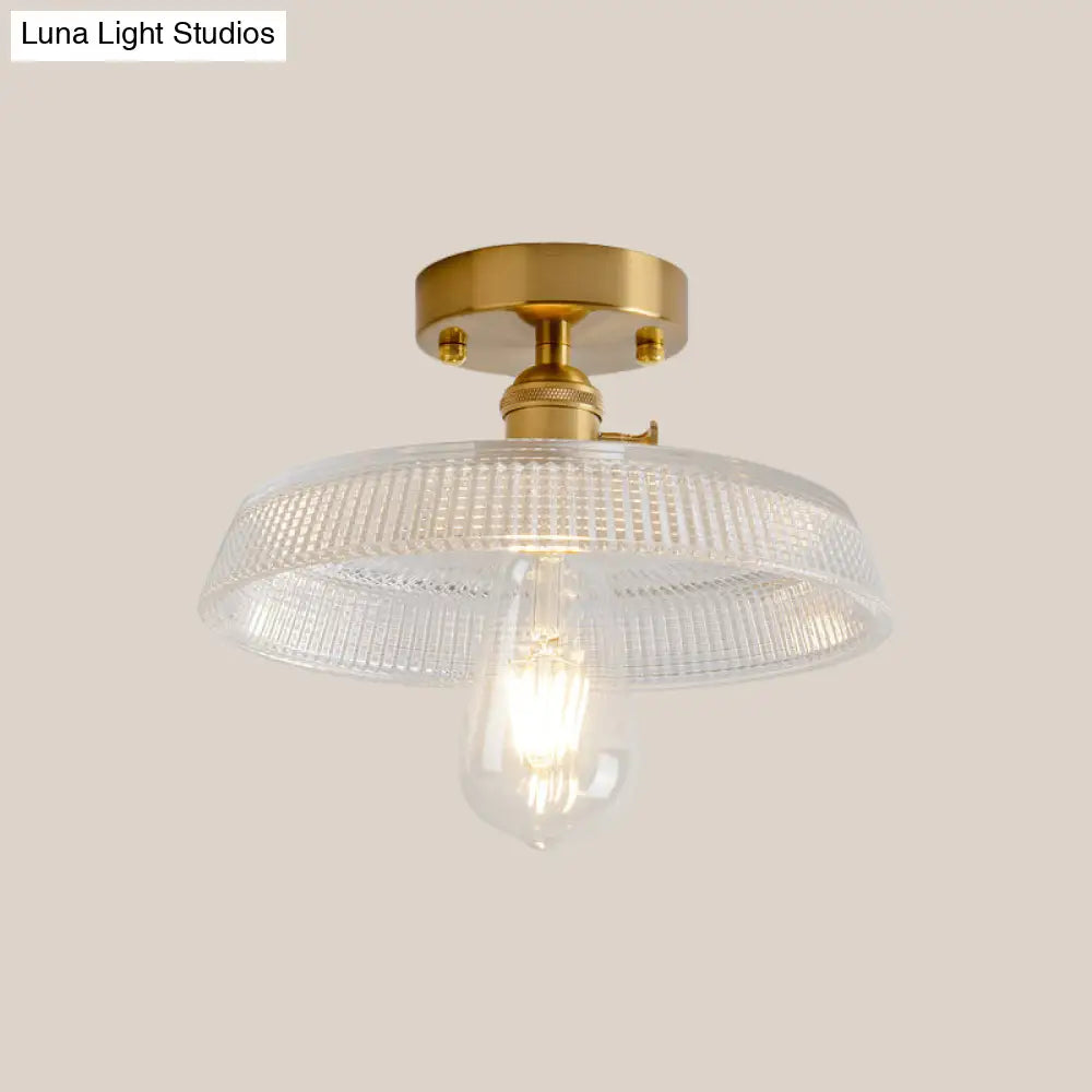 Industrial Brass Semi Flush Ceiling Light With Dome/Barn/Flower Shade - Amber/Clear Textured Glass
