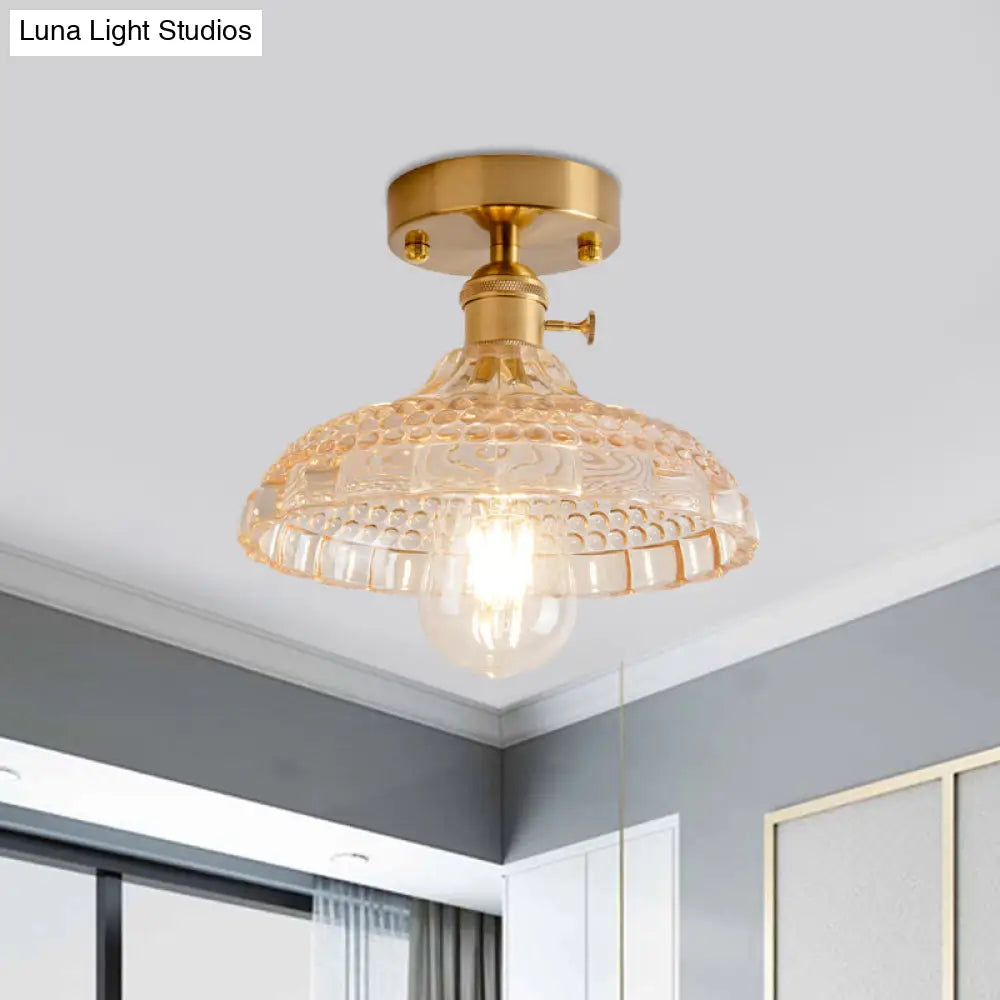 Industrial Brass Semi Flush Ceiling Light With Dome/Barn/Flower Shade - Amber/Clear Textured Glass