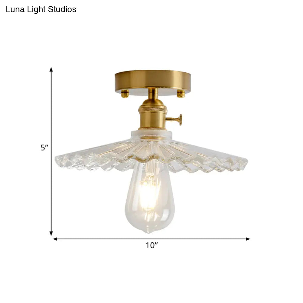 Industrial Brass Semi Flush Ceiling Light With Dome/Barn/Flower Shade - Amber/Clear Textured Glass