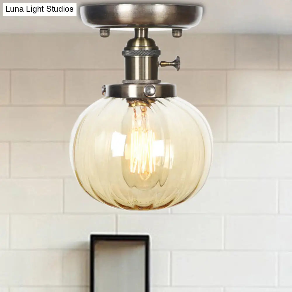 Industrial Bronze Globe Semi Flush Light With Clear/Amber Glass - Indoor Lighting Fixture