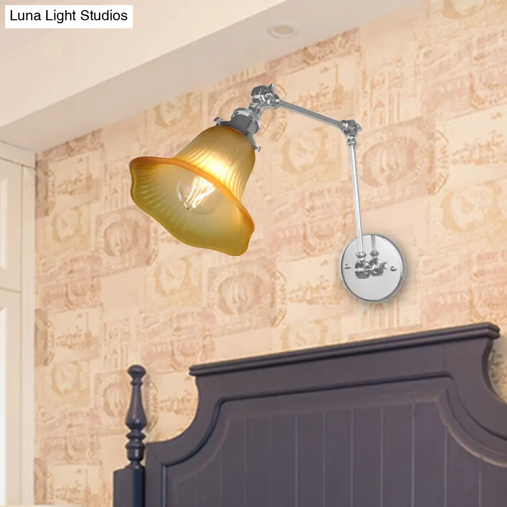 Industrial Chrome Amber Textured Glass Wall Lamp For Bedroom - 1 Light Flared Sconce Fixture
Note: