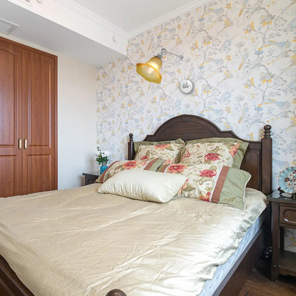 Industrial Chrome Amber Textured Glass Wall Lamp For Bedroom - 1 Light Flared Sconce Fixture
Note: