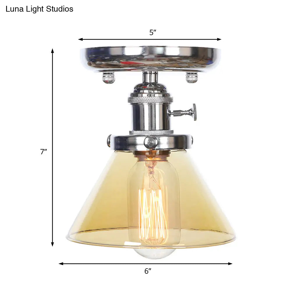 Industrial Chrome Ceiling Light - Semi Flush Mount With Clear/Amber Glass Bulb