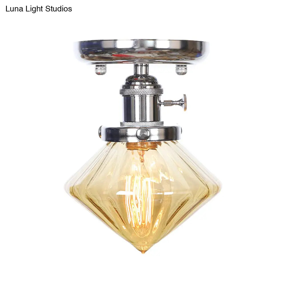 Industrial Chrome Ceiling Light - Semi Flush Mount With Clear/Amber Glass Bulb