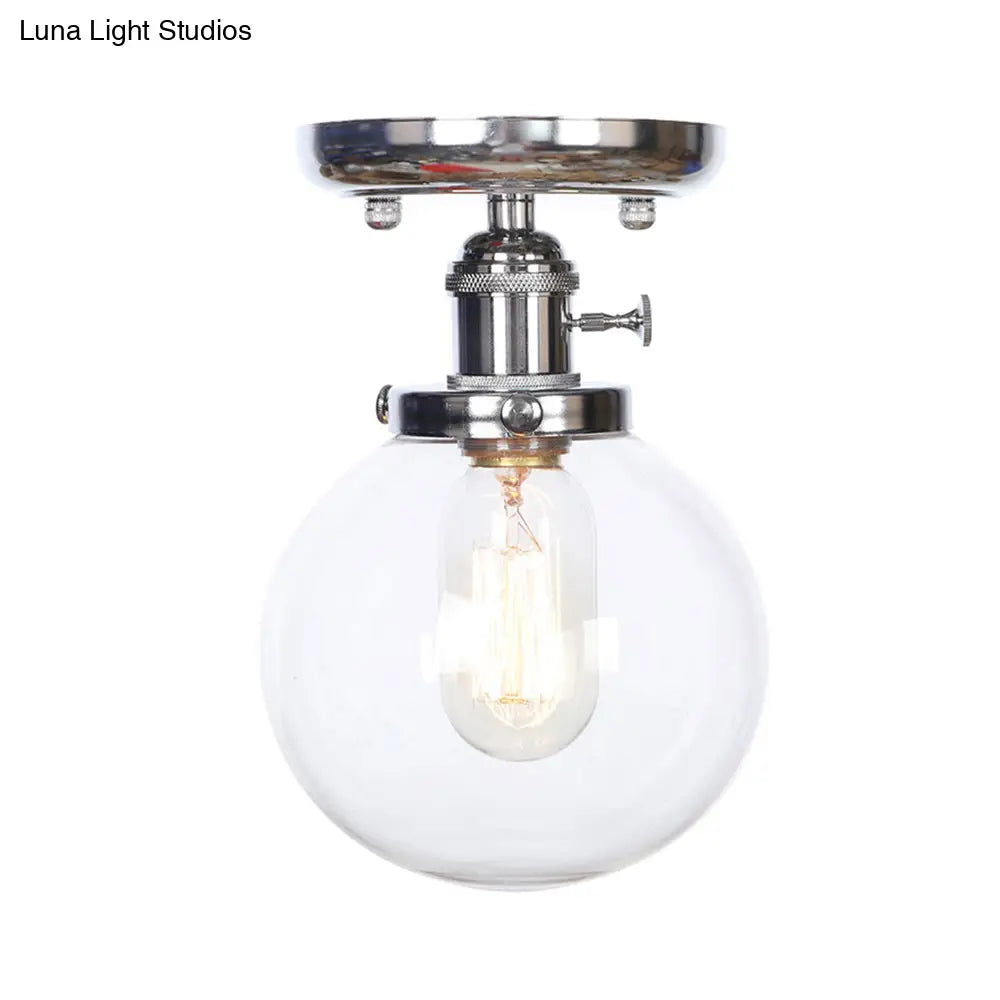 Industrial Chrome Ceiling Mount Light With Clear/Amber Glass Globe For Dining Room