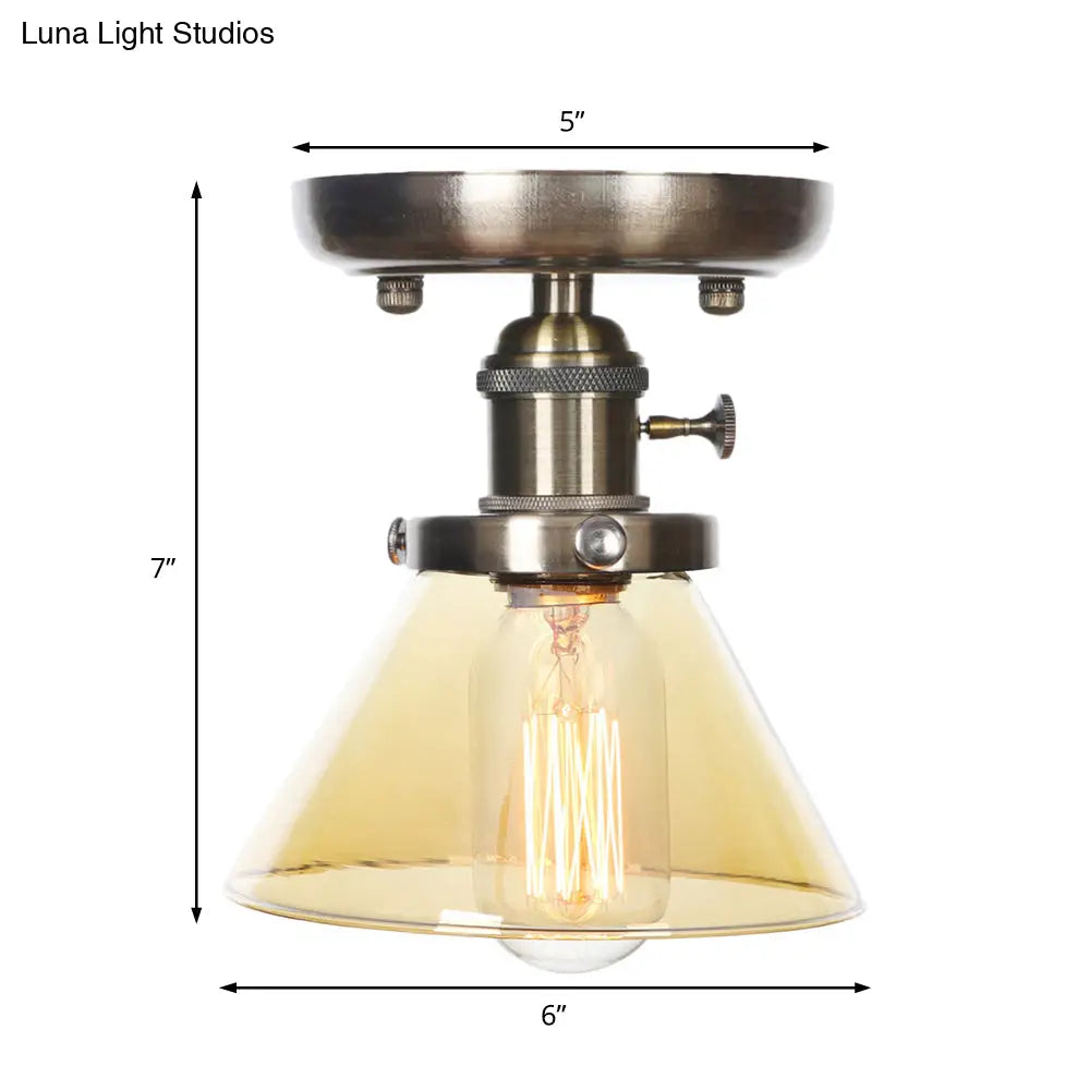 Industrial Cone/Bell/Rhombus Glass Semi Flush Mount Light - Bronze Finish