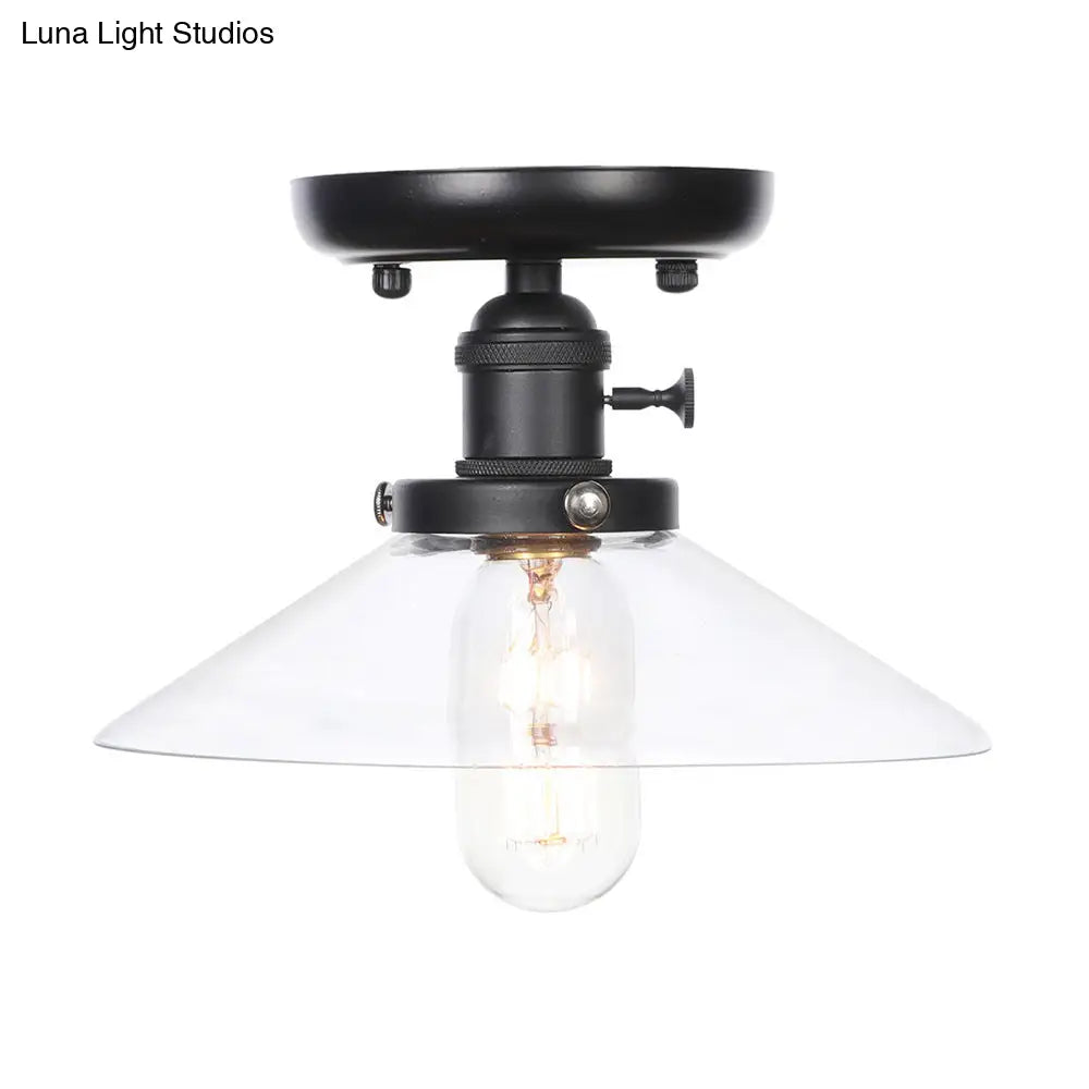Industrial Cone/Saucer Ceiling Light Fixture - Clear/White Semi Flush For Dining Room