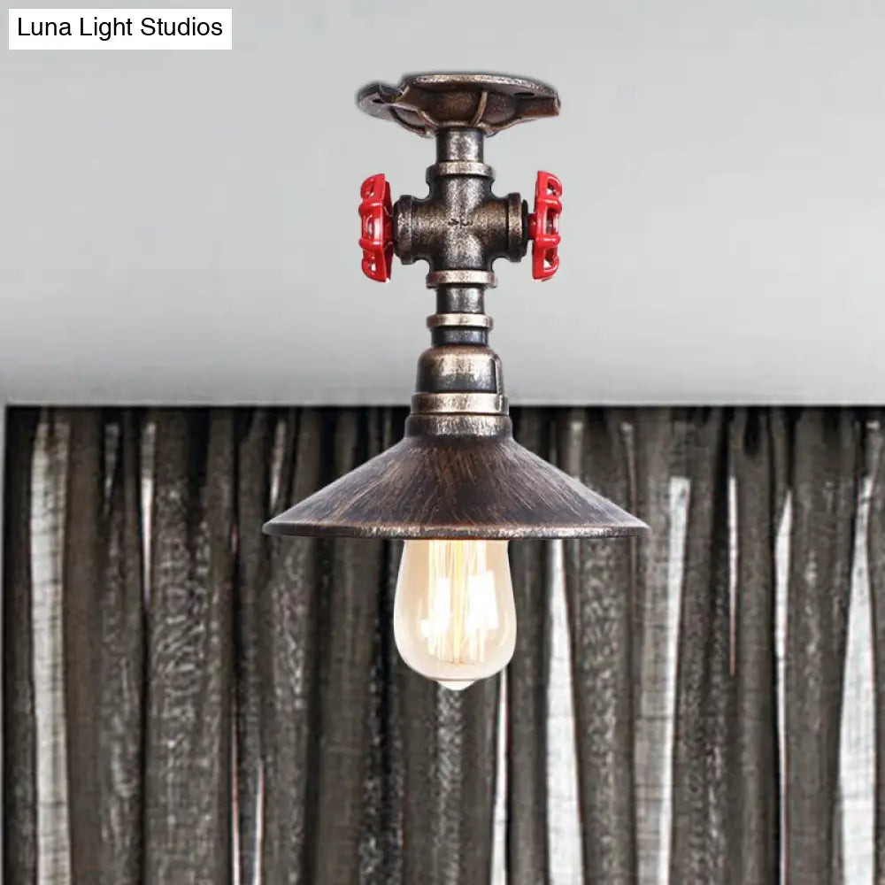 Industrial Cone Semi-Flush Ceiling Light With Red Faucet Valve In Black/Bronze For Bedroom