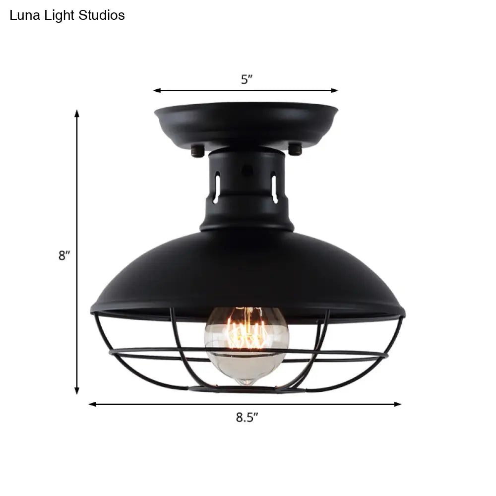 Industrial Dome Metal Ceiling Light With Cage In Black - Single Bulb Semi Flush Mount
