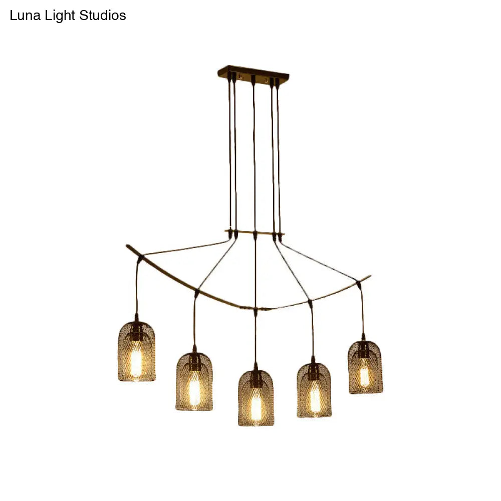 Industrial Metal Black Island Light Fixture With Mesh Bell Shades - 5/7-Head Hanging Ceiling Lamp