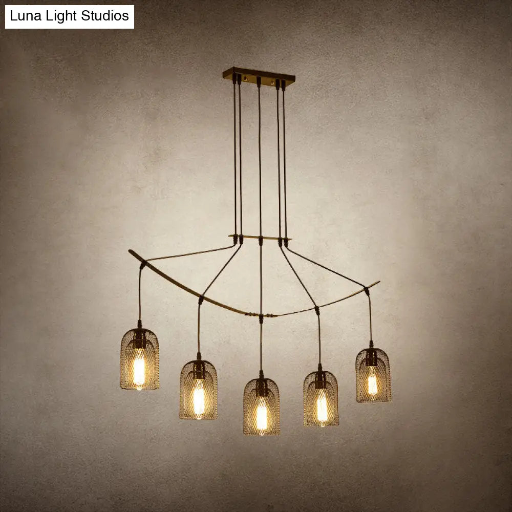 Industrial Metal Black Island Light Fixture With Mesh Bell Shades - 5/7-Head Hanging Ceiling Lamp
