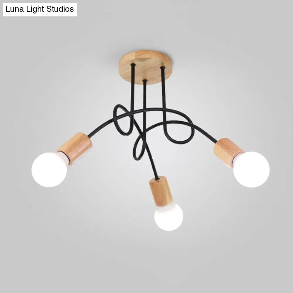 Industrial Metal Ceiling Flush Mount With Bulb 3/5 Lights Wooden Cap