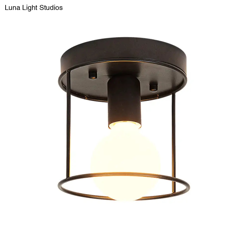 Industrial Metal Flushmount Light With Cage - Cylinder Corridor Design