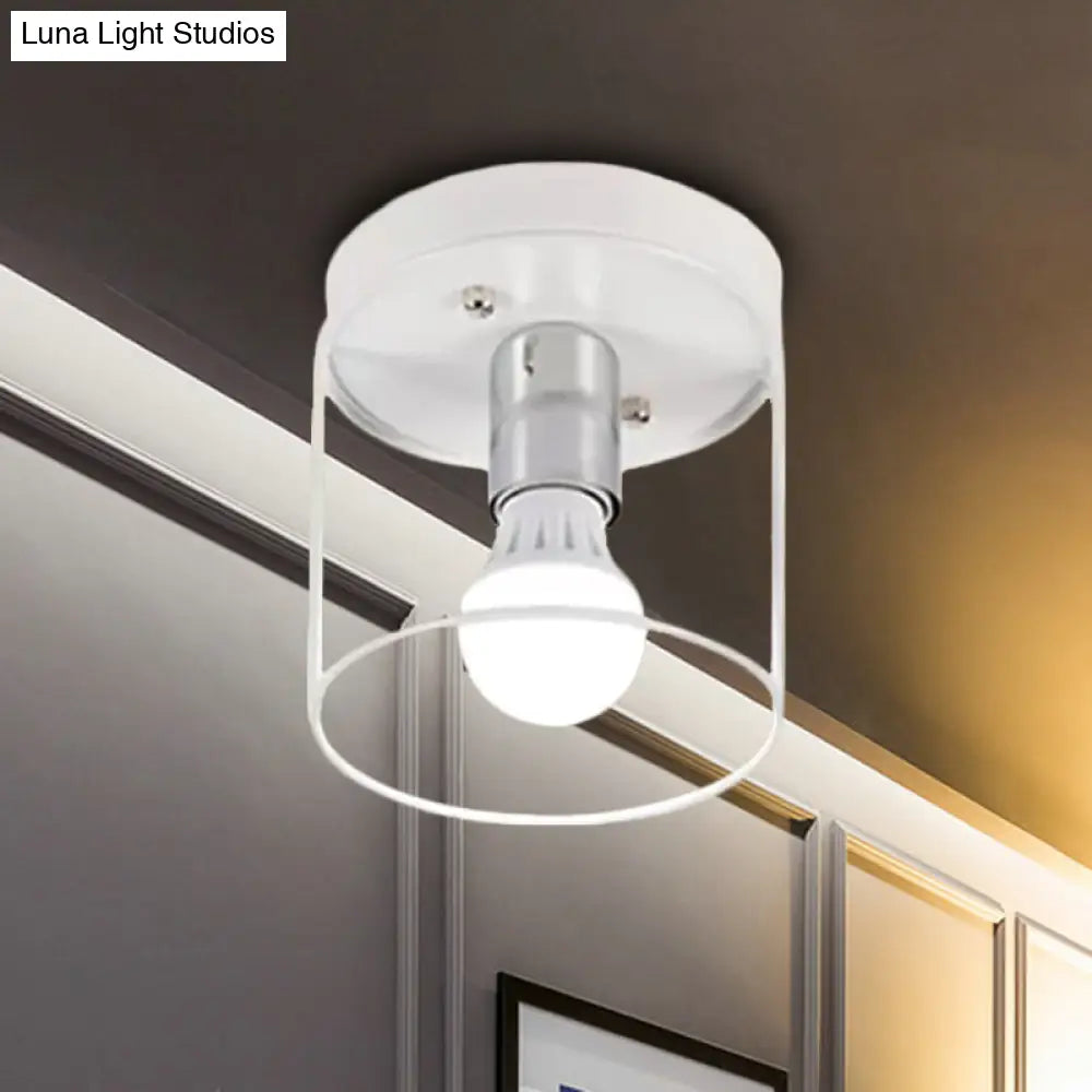 Industrial Metal Flushmount Light With Cage - Cylinder Corridor Design