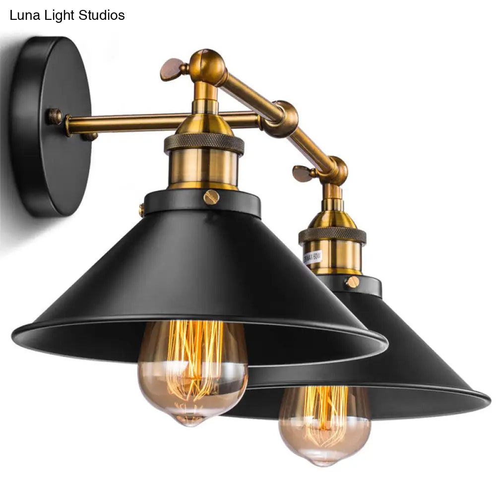 Industrial Metal Vanity Wall Light With Conical Shade - Retro Style 2-Light