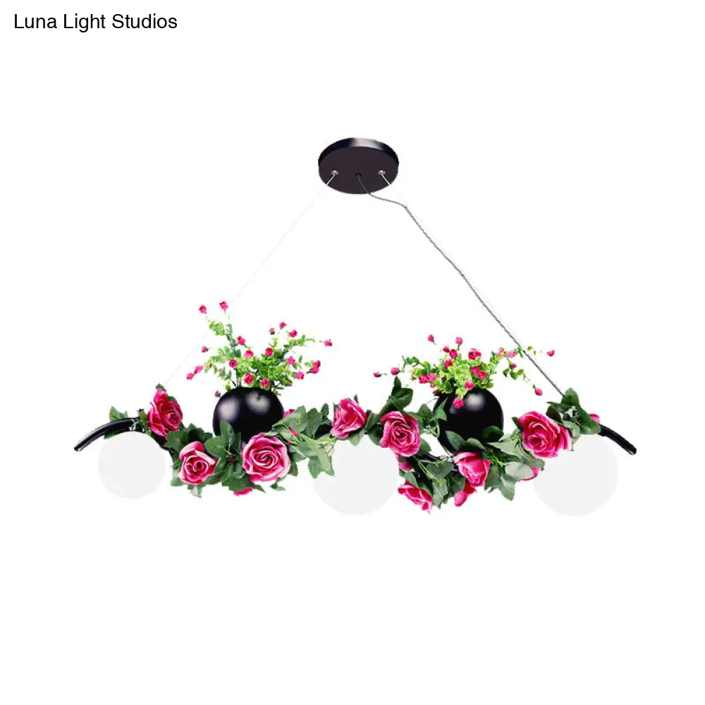Industrial Opal Glass Pendant Light With 3 Black Flower Heads For Dining Room Island