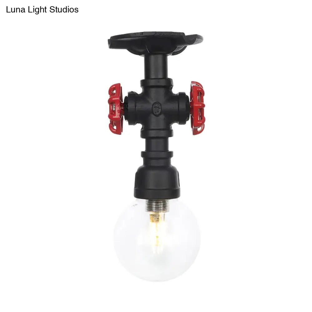 Industrial Orb Clear Glass Semi Flush Ceiling Fixture With 1 Bulb In Black