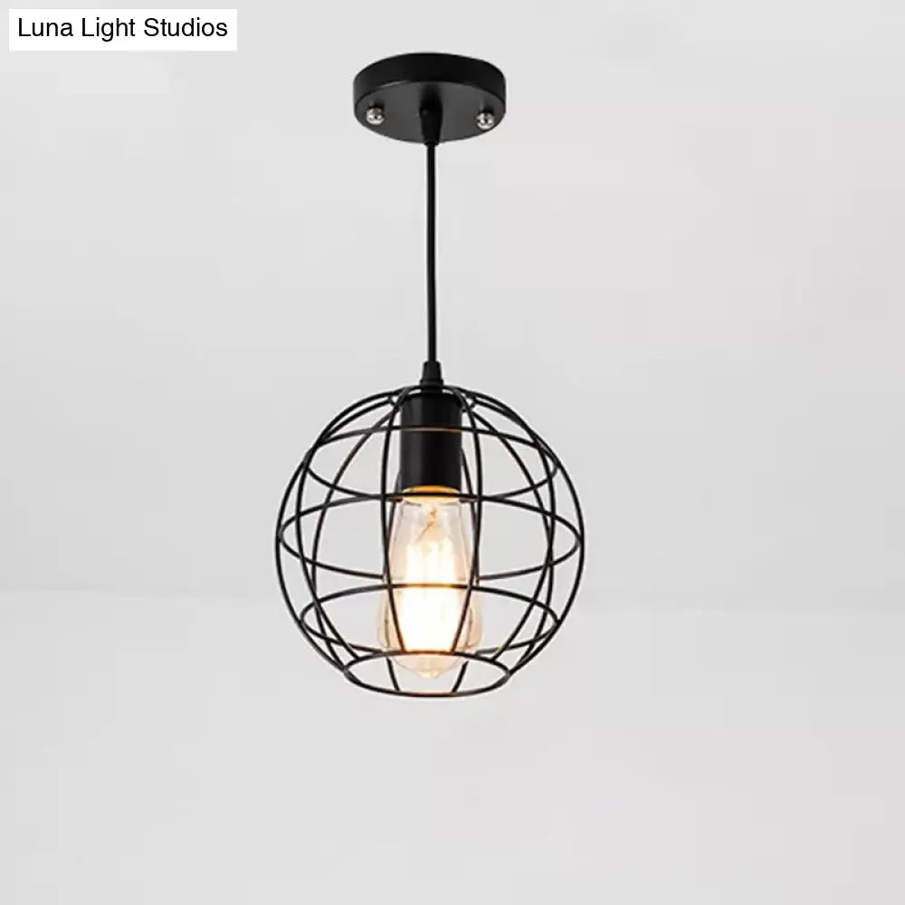 Industrial Retro Black Metal Pendant Light With Spherical Cage - Ideal For Restaurants