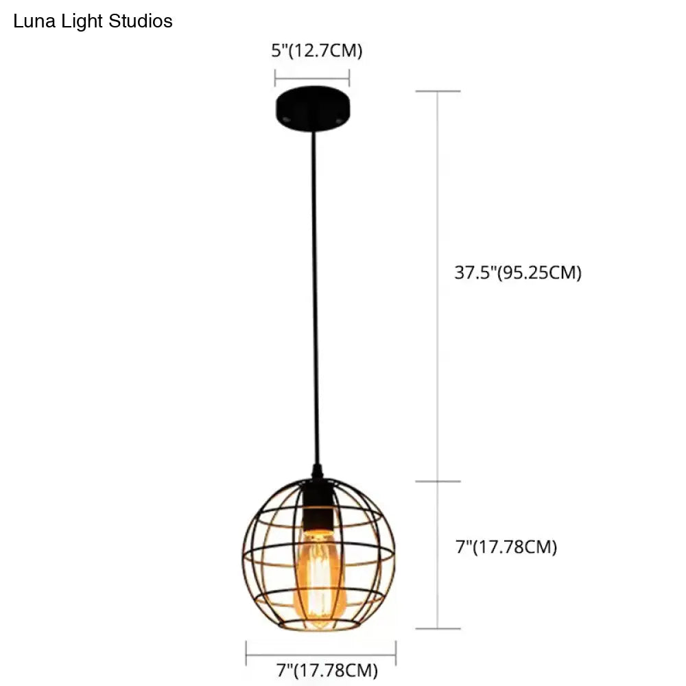 Industrial Retro Black Metal Pendant Light With Spherical Cage - Ideal For Restaurants