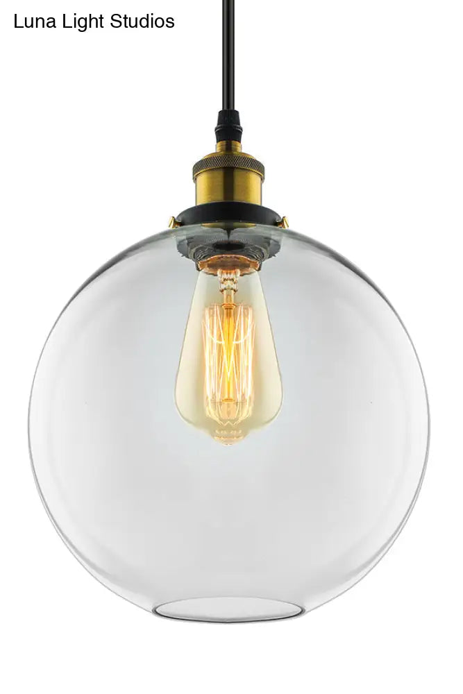 Industrial Round Pendant Light - 1 Clear Glass Hanging Lamp In Brass (8’/10’/12’ Wide)