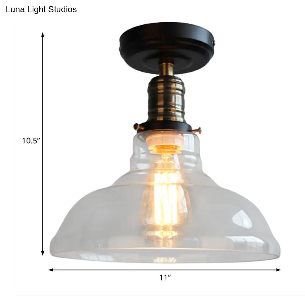 Industrial Semi Flush Black Ceiling Light With Clear Glass Barn Shade