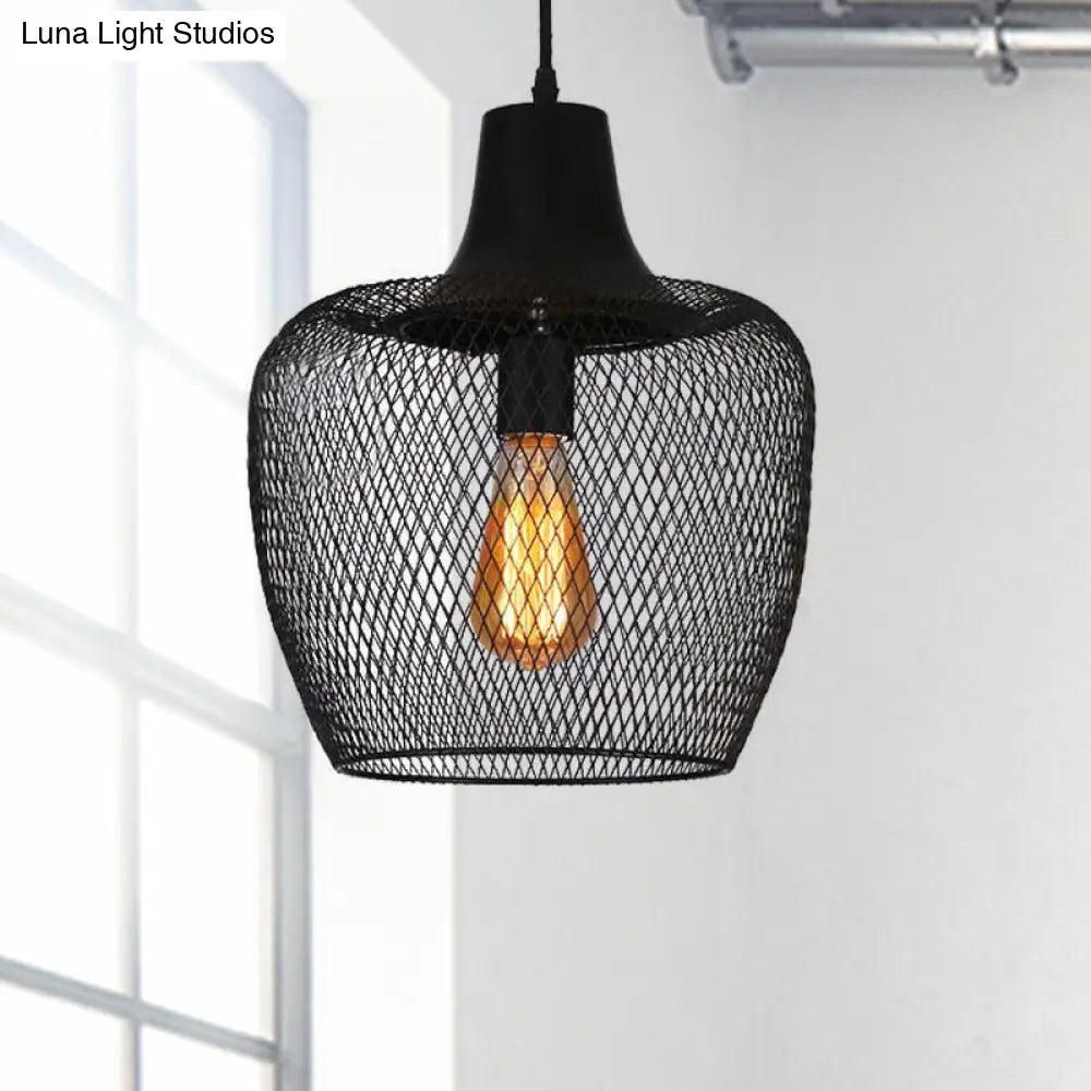 Industrial Single-Light Black Mesh Bowl Pendant Lamp For Dining Room