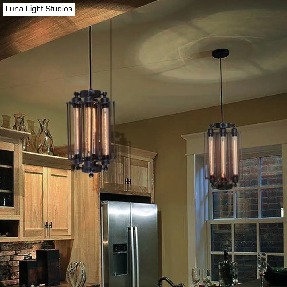 Industrial Style 4-Light Chandelier with Tube Cage Shade - Vertical/Horizontal Indoor Hanging Lamp in Black