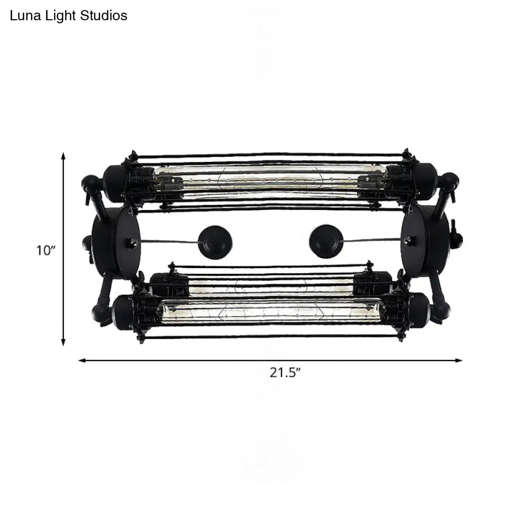 Industrial Style 4-Light Chandelier with Tube Cage Shade - Vertical/Horizontal Indoor Hanging Lamp in Black
