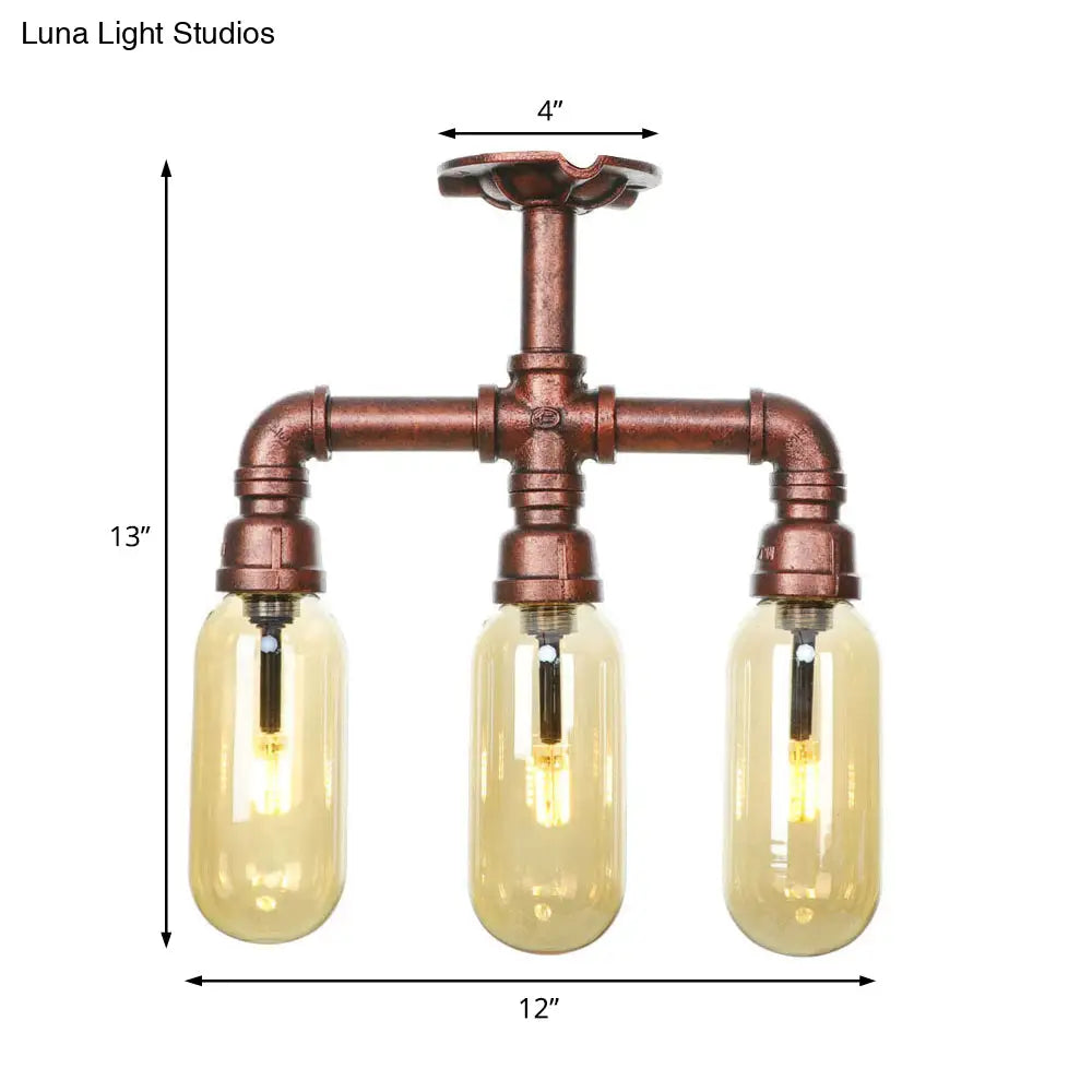 Industrial Style Amber Glass Semi Flush Mount Ceiling Light With Weathered Copper Finish - 3/4/5
