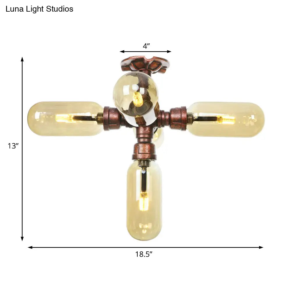 Industrial Style Amber Glass Semi Flush Mount Ceiling Light With Weathered Copper Finish - 3/4/5