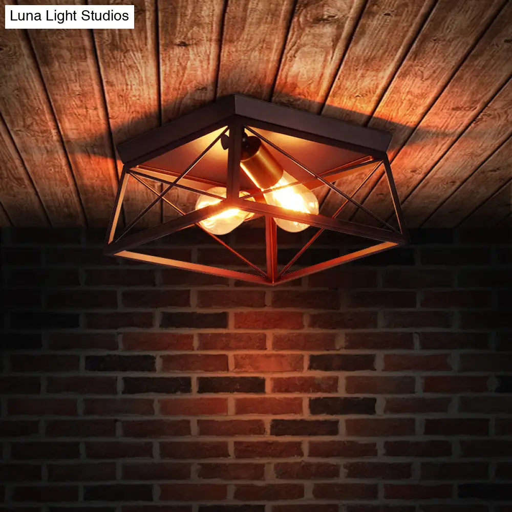 Industrial Style Metal Flush Ceiling Light Fixture - 10’/12’ Wide 2 Bulbs Coffee Tone Ideal For