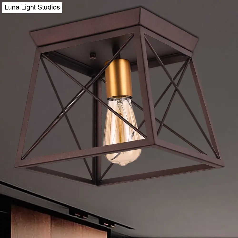Industrial Style Metal Flush Ceiling Light Fixture - 10’/12’ Wide 2 Bulbs Coffee Tone Ideal For