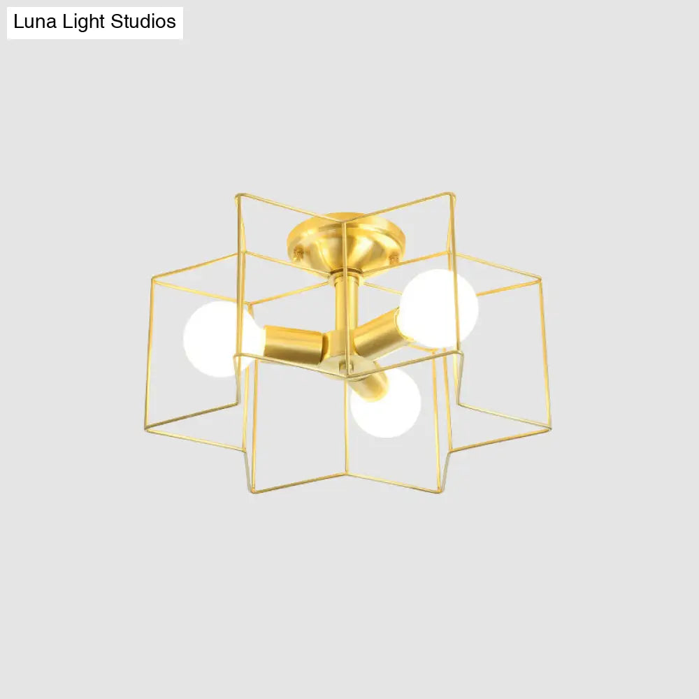 Industrial Style Metal Star Cage Flush Mount In Gold - Bedroom Ceiling Lighting