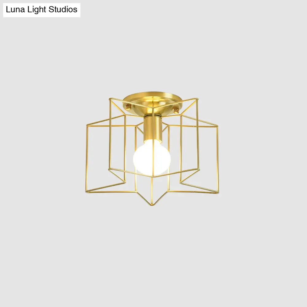 Industrial Style Metal Star Cage Flush Mount In Gold - Bedroom Ceiling Lighting