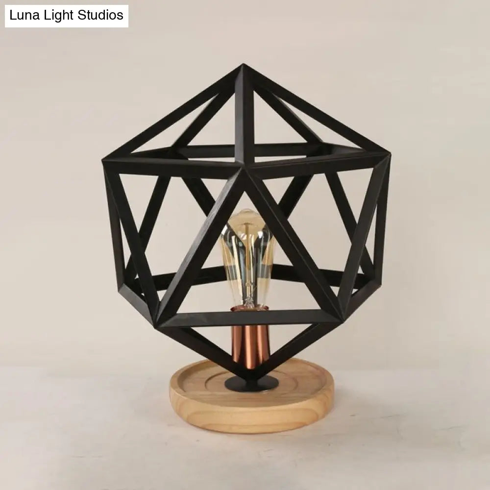 Industrial Stylish Table Lamp With Wire Guard For Bedroom - Metal And Wood Task In Black