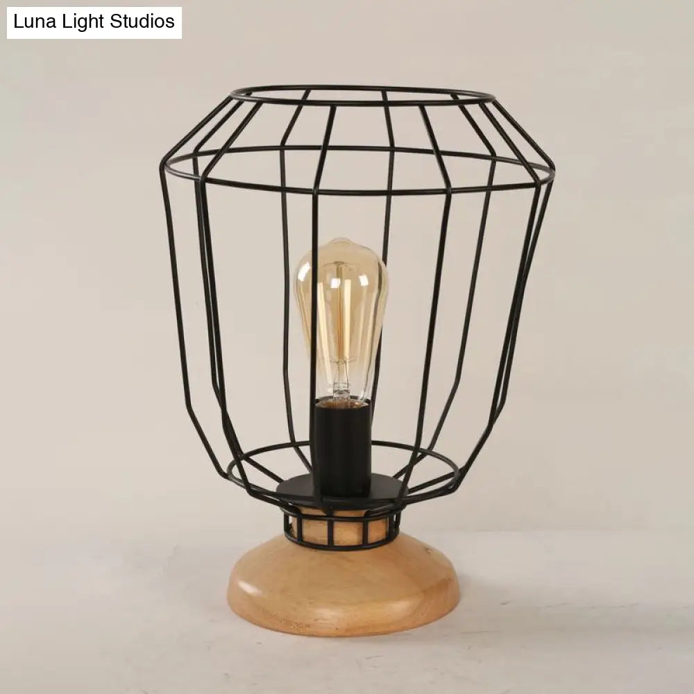 Industrial Stylish Table Lamp With Wire Guard For Bedroom - Metal And Wood Task In Black