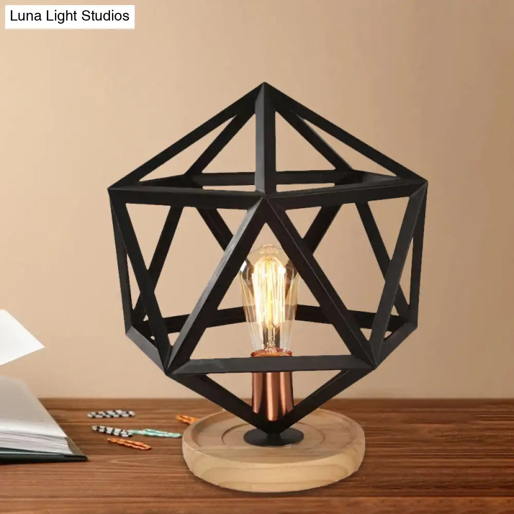Industrial Stylish Table Lamp With Wire Guard For Bedroom - Metal And Wood Task In Black