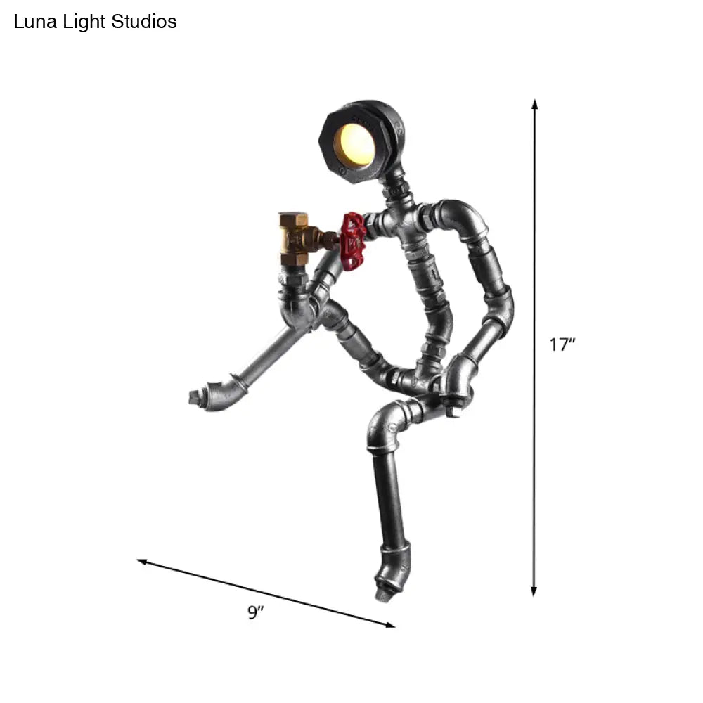 Industrial Thinking Robot Led Table Light In Silver With Red Valve - Plug-In Night Lamp