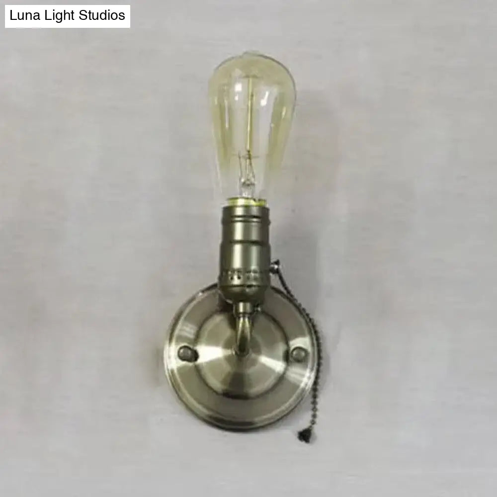 Industrial Vintage Open Bulb Wall Sconce With Pull Chain - Black/Silver Finish Ideal For Bedroom