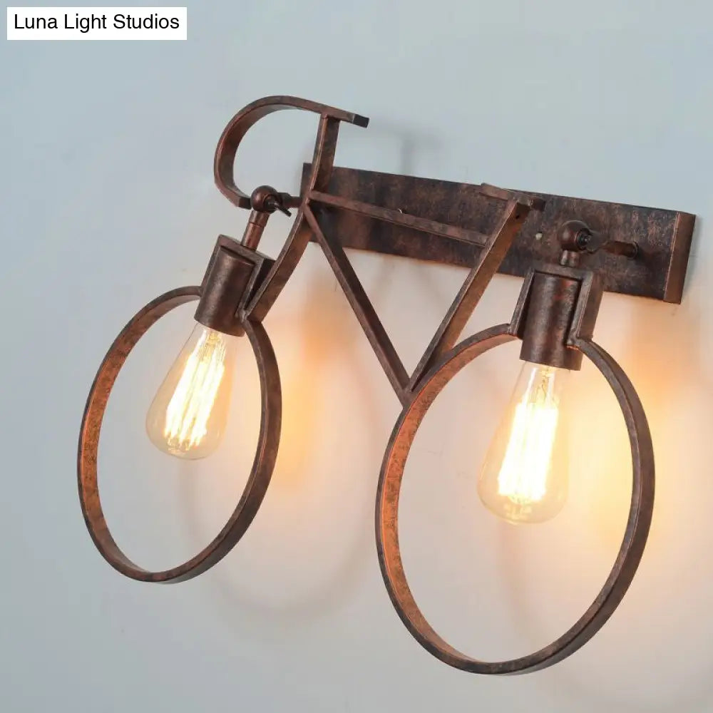 Industrial Vintage Rustic Wrought Iron Sconce Lamp For Restaurant - 2 Light Bicycle Wall Lighting