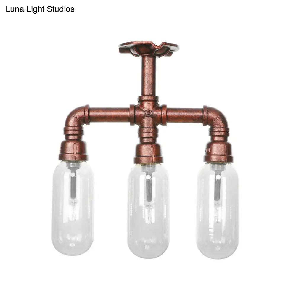 Industrial Weathered Copper Semi Mount Indoor Ceiling Light With Clear Glass And Pipe Design -