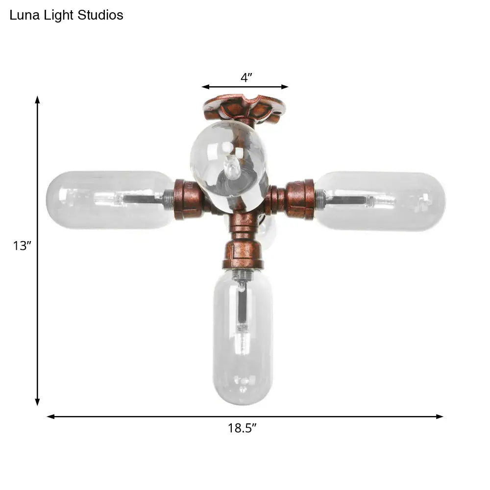 Industrial Weathered Copper Semi Mount Indoor Ceiling Light With Clear Glass And Pipe Design -