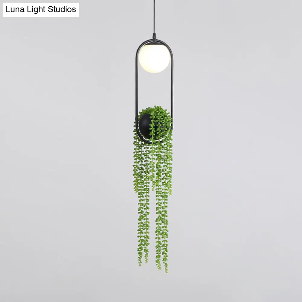Industrial White Glass Bedroom Pendant Lamp With Spherical Design And Black Cage