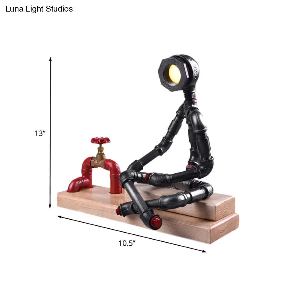 Iron Cross Legged Table Lamp With Industrial Led Valve Deco And Wood Base - Black Finish Perfect For