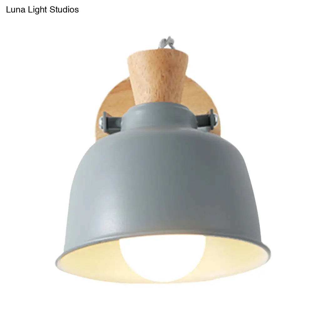 Iron Macaron Handle Wall Sconce Lamp - Bowl Bedside Light Fixture In Grey/Black With Wood Top