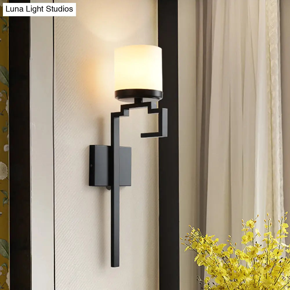 Ivory Glass Cup Wall Sconce - Vintage Style Single Dining Room Light Fixture With Black Long Arm