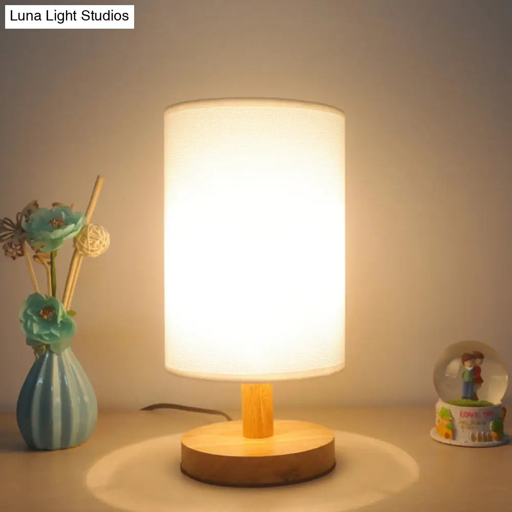 Japanese Cylinder Task Lamp: Fabric Reading Light - White/Flaxen Wood Base