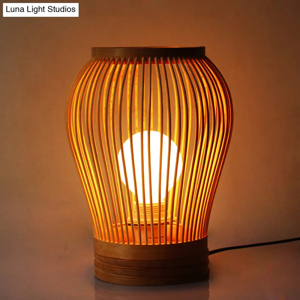 Japanese Small Desk Lamp With Bamboo Shade - White Droplet Task Lighting For Bedside