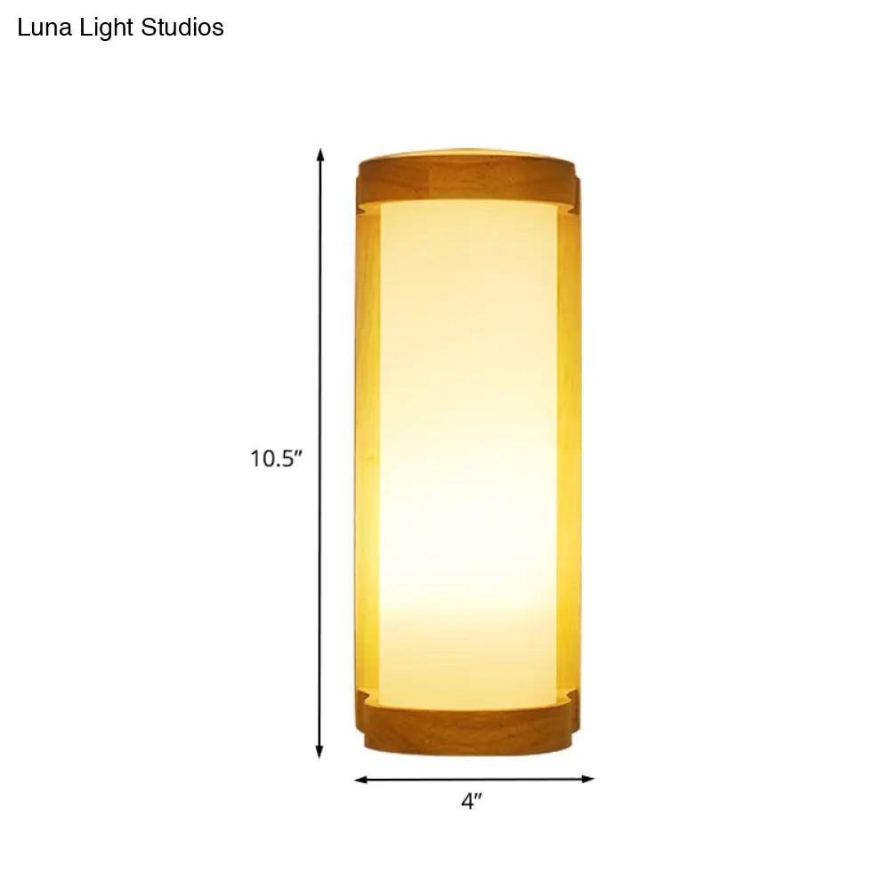 Japanese Style Cylinder Cream Glass Sconce - 1 Light Wood Wall Lamp Fixture For Corners