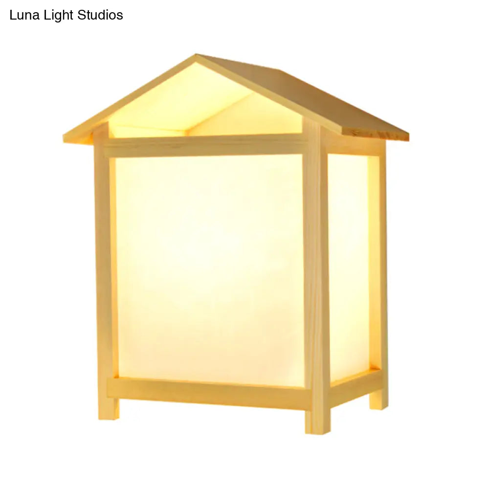 Japanese-Style Sconce Lamp With Parchment Shade - Wood House Shape Wall Light